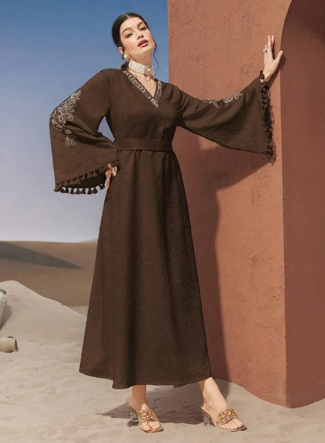 Take Two Coffee Brown Women Jacquard Jalabiya with Tassel Trim for Women | Best Price UAE